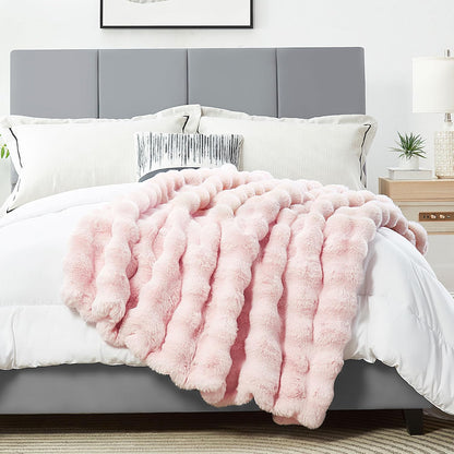 Soft Faux Bubble Rabbit Fur Blanket Twin Size, Thick Cozy Decorative Warm Fuzzy Fur Blanket for Bed Couch Sofa Chair Bedroom Living Room Dorm Gift, 60 * 70 Inches, Pink