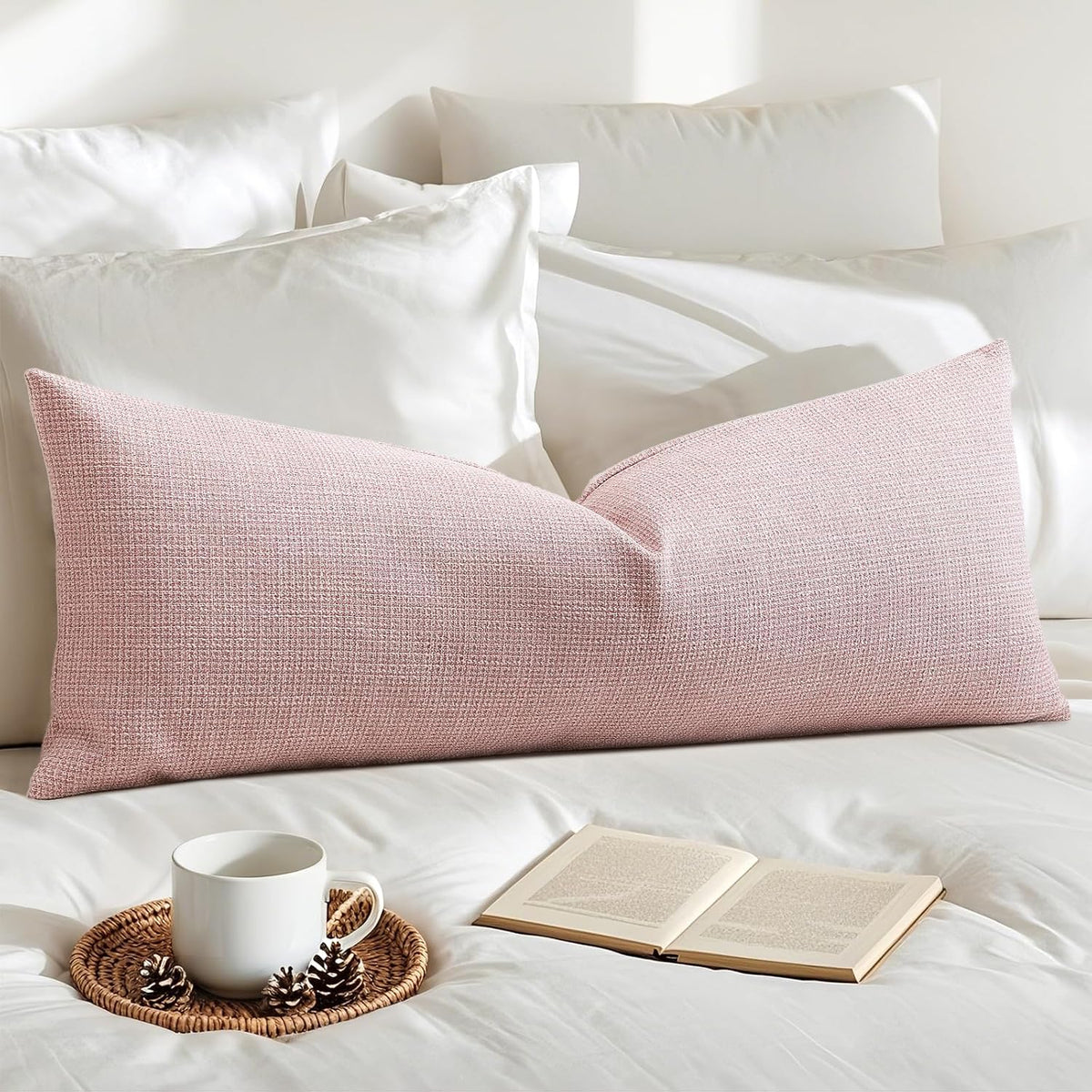 Linen Throw Pillow Cover Set of 1 Decorative Long Lumbar Pillowcase Rectangle Cushion Cover 14x36 Inch for Home Decor Sofa Bedroom Car 35 x 90CM Pink