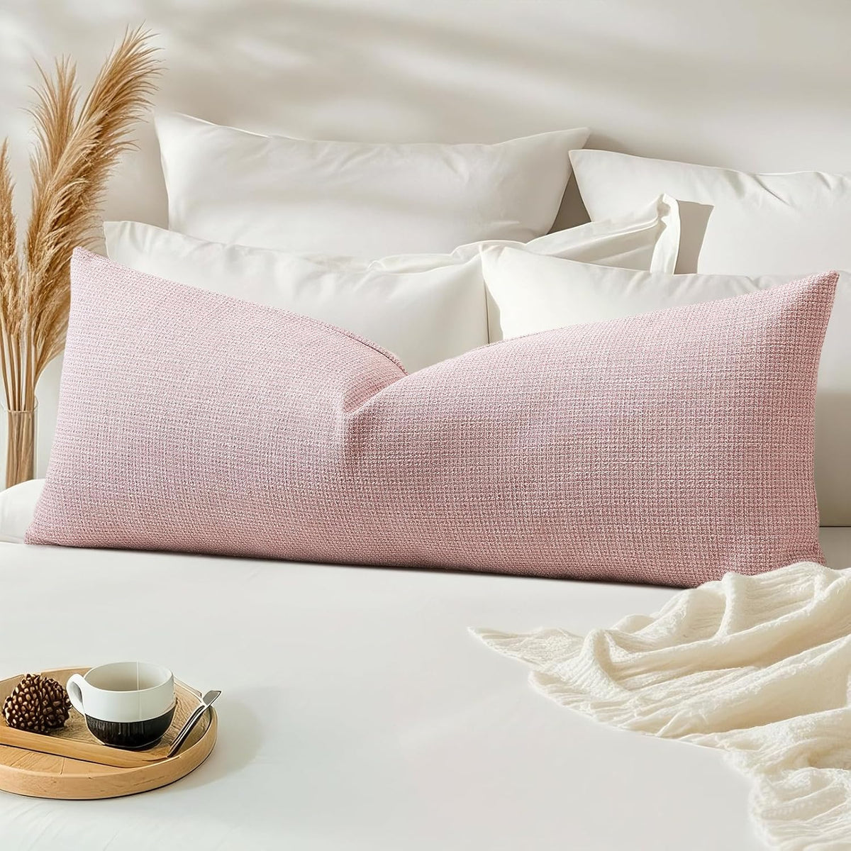 Linen Throw Pillow Cover Set of 1 Decorative Long Lumbar Pillowcase Rectangle Cushion Cover 14x36 Inch for Home Decor Sofa Bedroom Car 35 x 90CM Pink