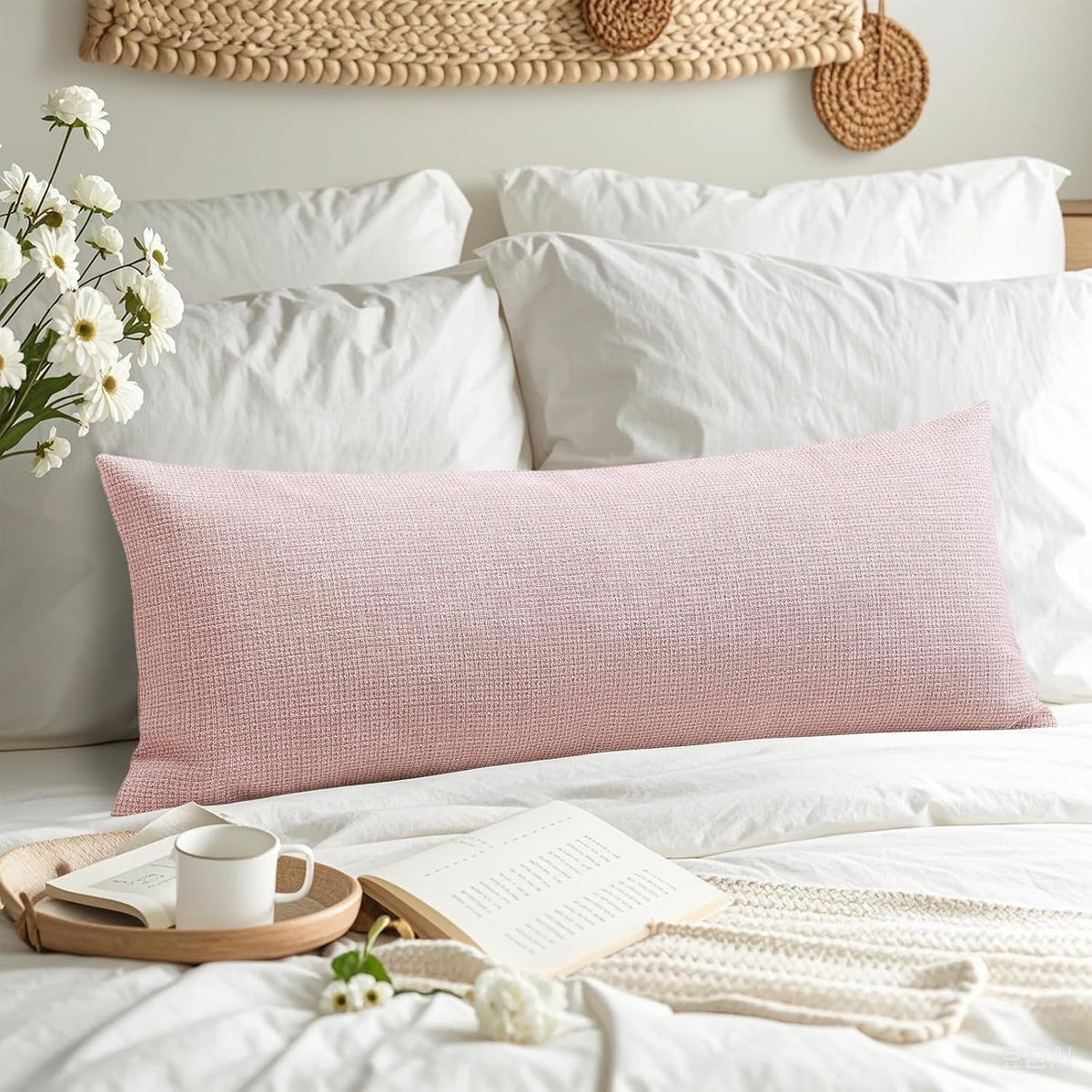 Linen Throw Pillow Cover Set of 1 Decorative Long Lumbar Pillowcase Rectangle Cushion Cover 14x36 Inch for Home Decor Sofa Bedroom Car 35 x 90CM Pink
