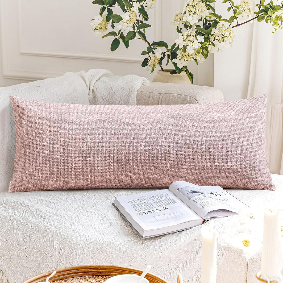 Linen Throw Pillow Cover Set of 1 Decorative Long Lumbar Pillowcase Rectangle Cushion Cover 14x36 Inch for Home Decor Sofa Bedroom Car 35 x 90CM Pink