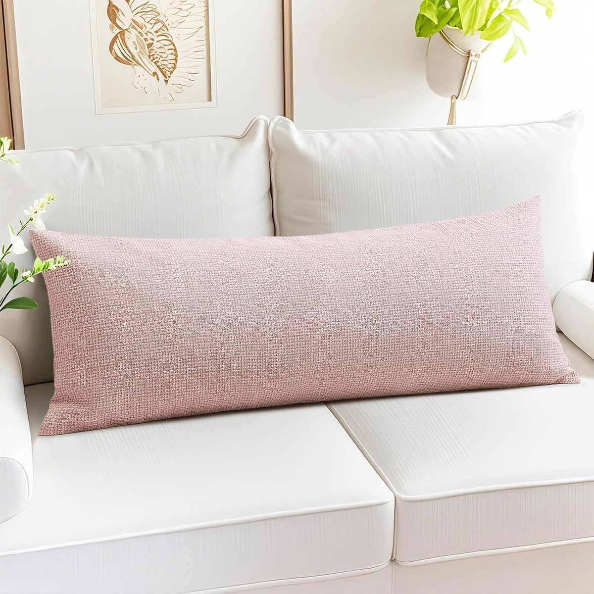 Linen Throw Pillow Cover Set of 1 Decorative Long Lumbar Pillowcase Rectangle Cushion Cover 14x36 Inch for Home Decor Sofa Bedroom Car 35 x 90CM Pink