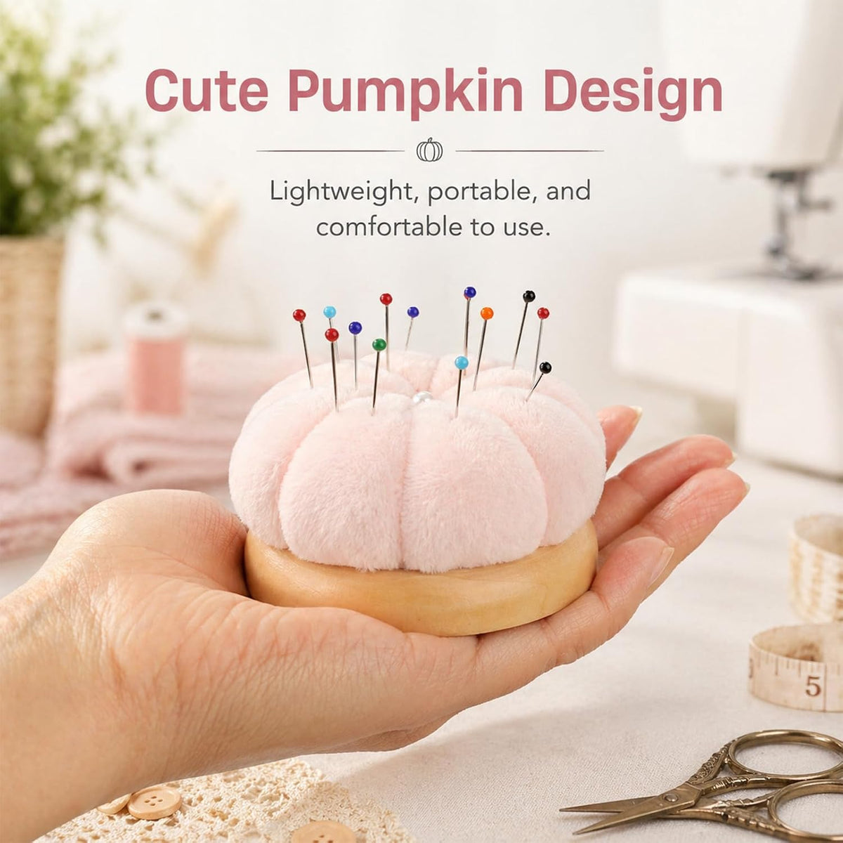Wooden Base Pin Cushion for Sewing with 100 Plastic Head Pins