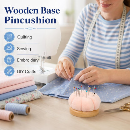 Wooden Base Pin Cushion for Sewing with 100 Plastic Head Pins