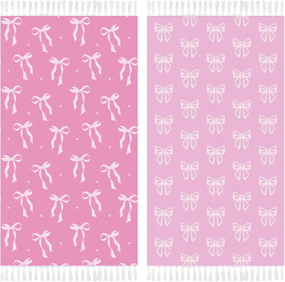 2 Pack Pink Bow Beach Towels 30 x 60 Inches Turkish Beach Towel with Tassel Coquettish Pink Bow Cotton Absorbent Soft Supplies Gift for Bathroom Kitchen Hotel
