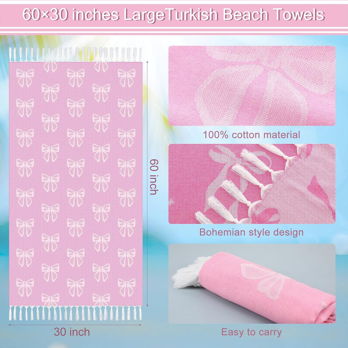 2 Pack Pink Bow Beach Towels 30 x 60 Inches Turkish Beach Towel with Tassel Coquettish Pink Bow Cotton Absorbent Soft Supplies Gift for Bathroom Kitchen Hotel