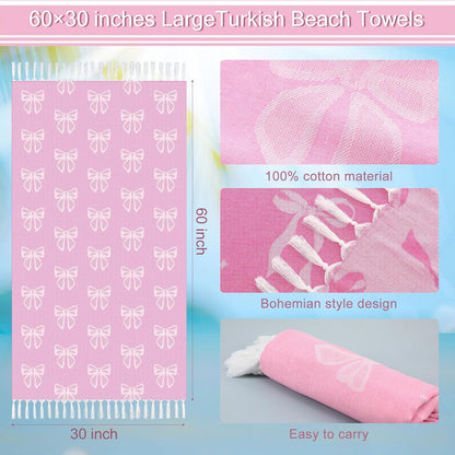 2 Pack Pink Bow Beach Towels 30 x 60 Inches Turkish Beach Towel with Tassel Coquettish Pink Bow Cotton Absorbent Soft Supplies Gift for Bathroom Kitchen Hotel