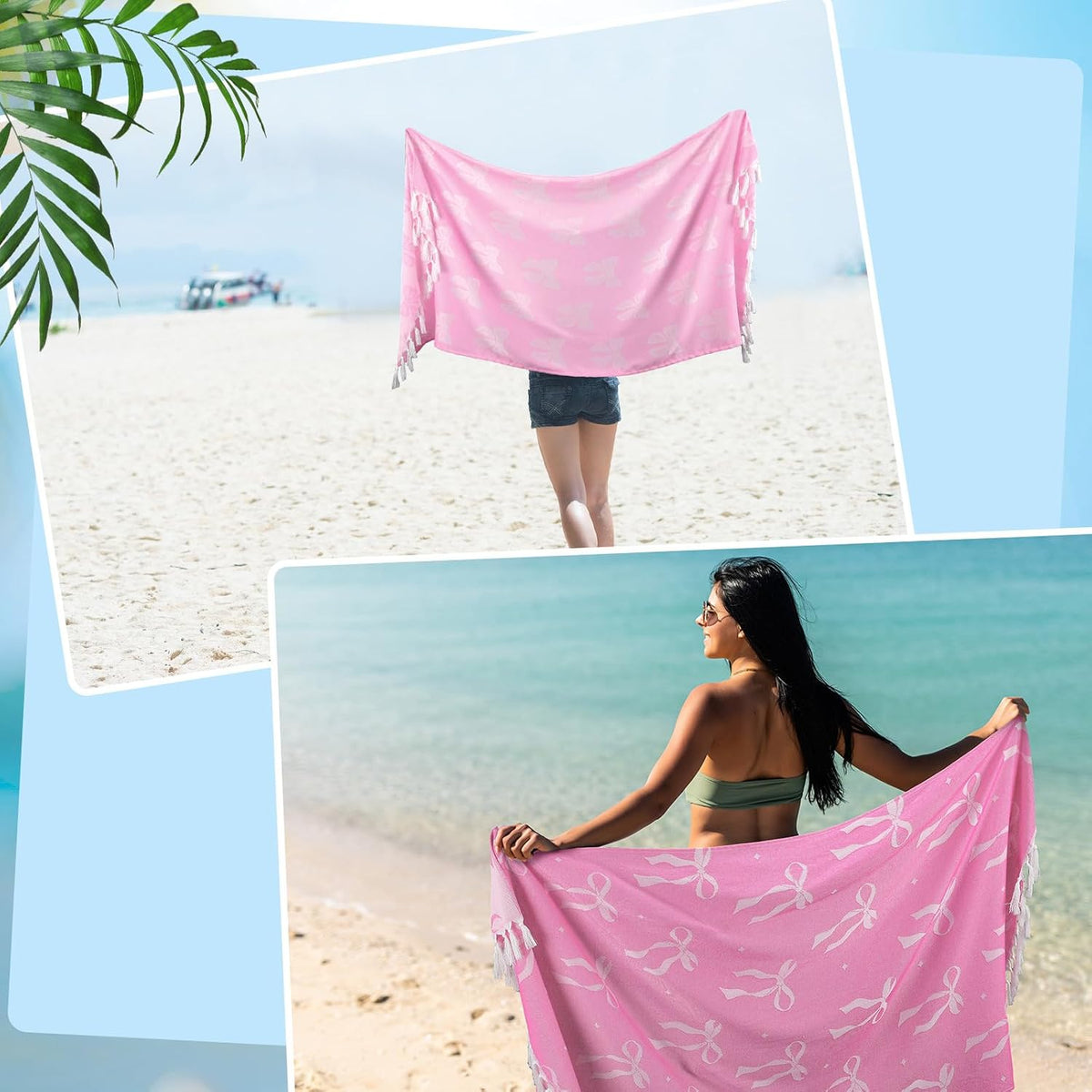 2 Pack Pink Bow Beach Towels 30 x 60 Inches Turkish Beach Towel with Tassel Coquettish Pink Bow Cotton Absorbent Soft Supplies Gift for Bathroom Kitchen Hotel