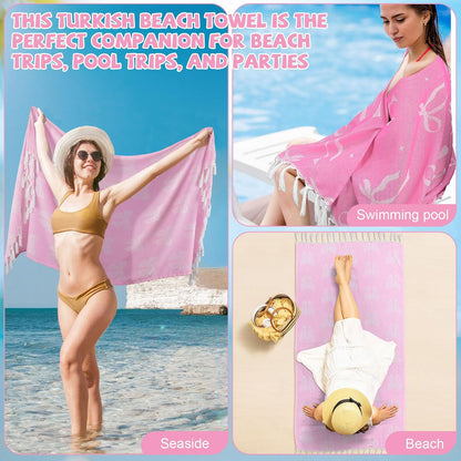 2 Pack Pink Bow Beach Towels 30 x 60 Inches Turkish Beach Towel with Tassel Coquettish Pink Bow Cotton Absorbent Soft Supplies Gift for Bathroom Kitchen Hotel
