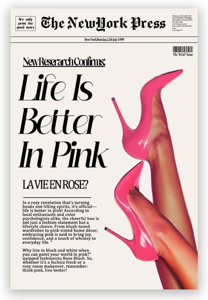 Trendy Pink Posters News Newspaper Wall Art Canvas Prints 70s Life Is Better in Pink Hot Girly Preppy Aesthetic Poster for Cool Girl Bedroom Apartment Room Home Dorm Wall Decor 8x12inch Unframed