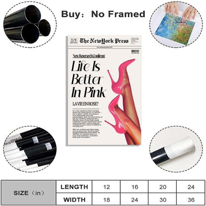 Trendy Pink Posters News Newspaper Wall Art Canvas Prints 70s Life Is Better in Pink Hot Girly Preppy Aesthetic Poster for Cool Girl Bedroom Apartment Room Home Dorm Wall Decor 8x12inch Unframed