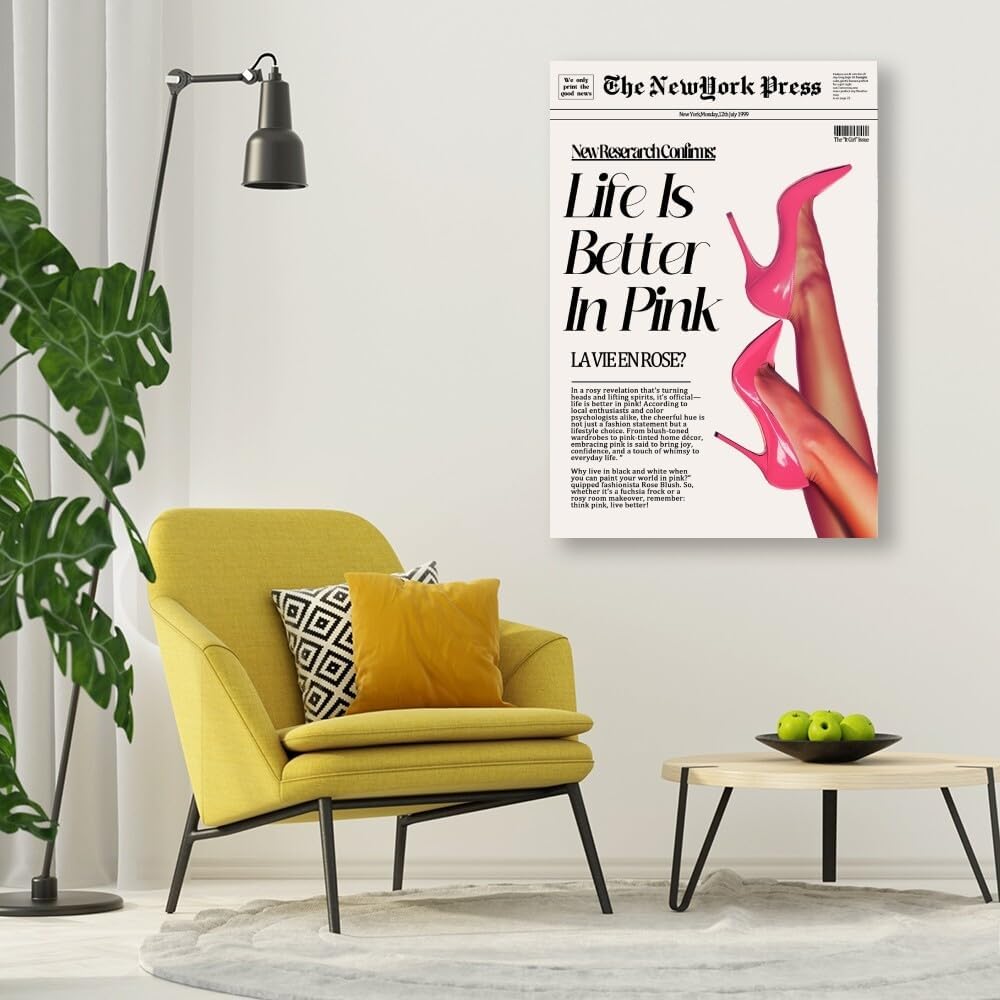 Trendy Pink Posters News Newspaper Wall Art Canvas Prints 70s Life Is Better in Pink Hot Girly Preppy Aesthetic Poster for Cool Girl Bedroom Apartment Room Home Dorm Wall Decor 8x12inch Unframed
