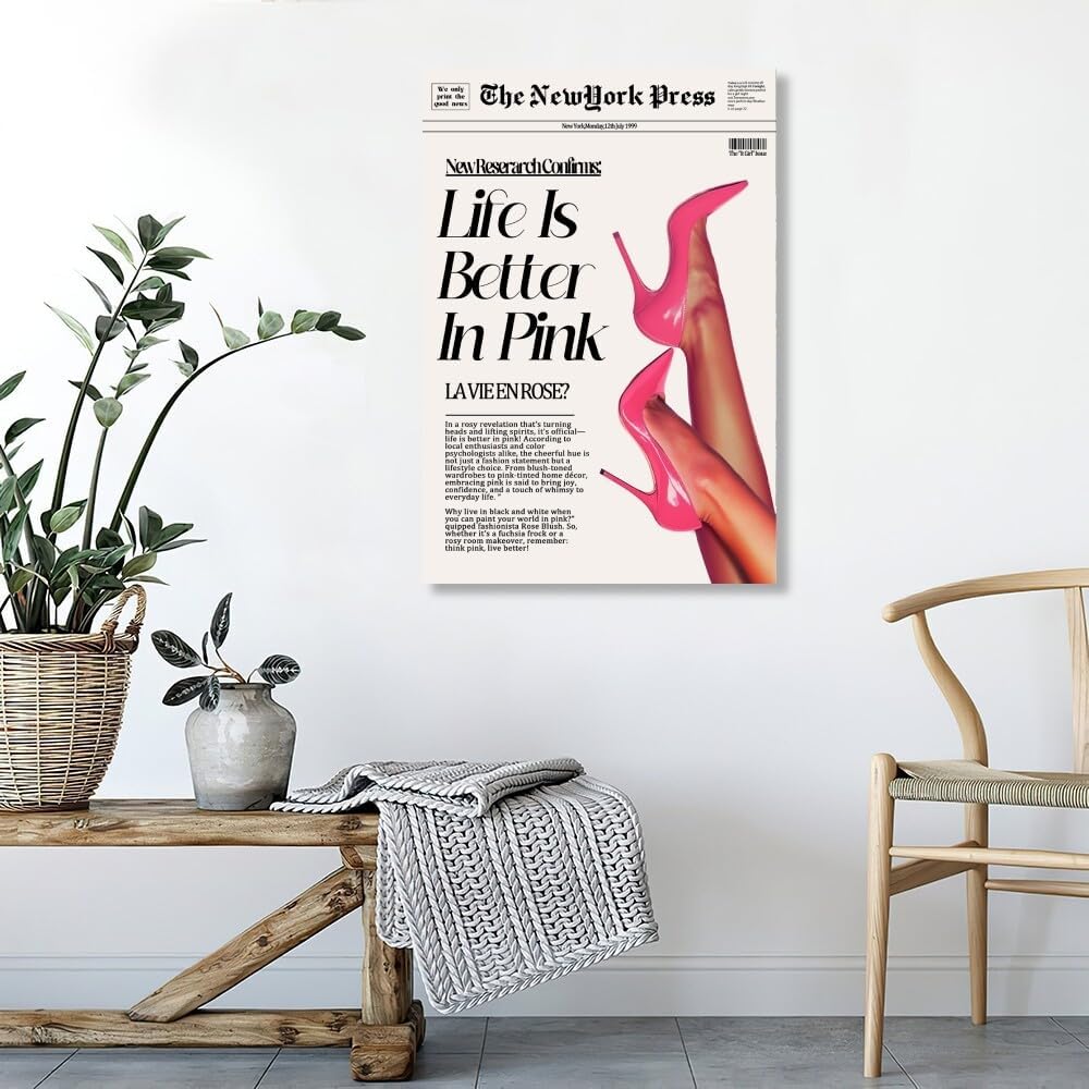 Trendy Pink Posters News Newspaper Wall Art Canvas Prints 70s Life Is Better in Pink Hot Girly Preppy Aesthetic Poster for Cool Girl Bedroom Apartment Room Home Dorm Wall Decor 8x12inch Unframed