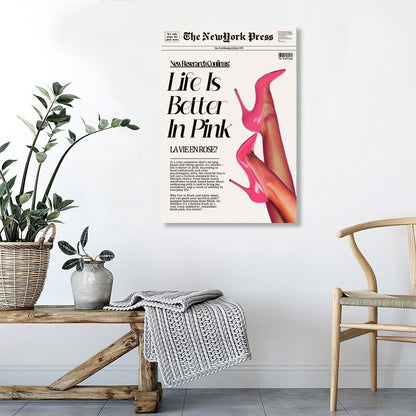 Trendy Pink Posters News Newspaper Wall Art Canvas Prints 70s Life Is Better in Pink Hot Girly Preppy Aesthetic Poster for Cool Girl Bedroom Apartment Room Home Dorm Wall Decor 8x12inch Unframed