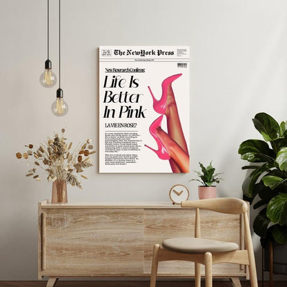 Trendy Pink Posters News Newspaper Wall Art Canvas Prints 70s Life Is Better in Pink Hot Girly Preppy Aesthetic Poster for Cool Girl Bedroom Apartment Room Home Dorm Wall Decor 8x12inch Unframed