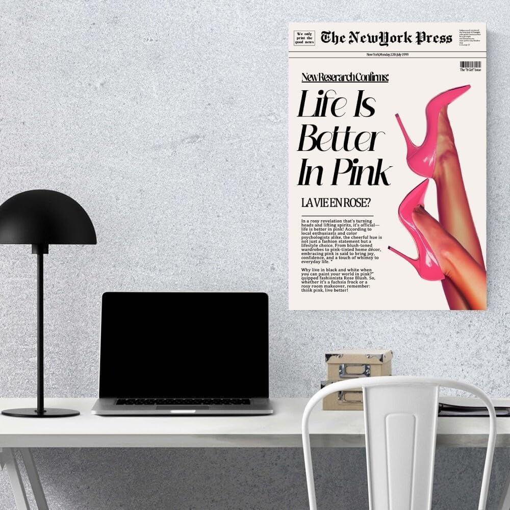 Trendy Pink Posters News Newspaper Wall Art Canvas Prints 70s Life Is Better in Pink Hot Girly Preppy Aesthetic Poster for Cool Girl Bedroom Apartment Room Home Dorm Wall Decor 8x12inch Unframed