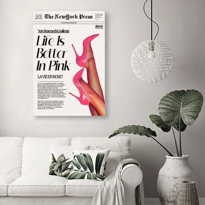 Trendy Pink Posters News Newspaper Wall Art Canvas Prints 70s Life Is Better in Pink Hot Girly Preppy Aesthetic Poster for Cool Girl Bedroom Apartment Room Home Dorm Wall Decor 8x12inch Unframed