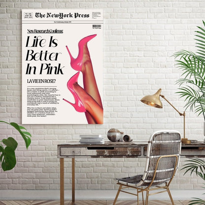 Trendy Pink Posters News Newspaper Wall Art Canvas Prints 70s Life Is Better in Pink Hot Girly Preppy Aesthetic Poster for Cool Girl Bedroom Apartment Room Home Dorm Wall Decor 8x12inch Unframed