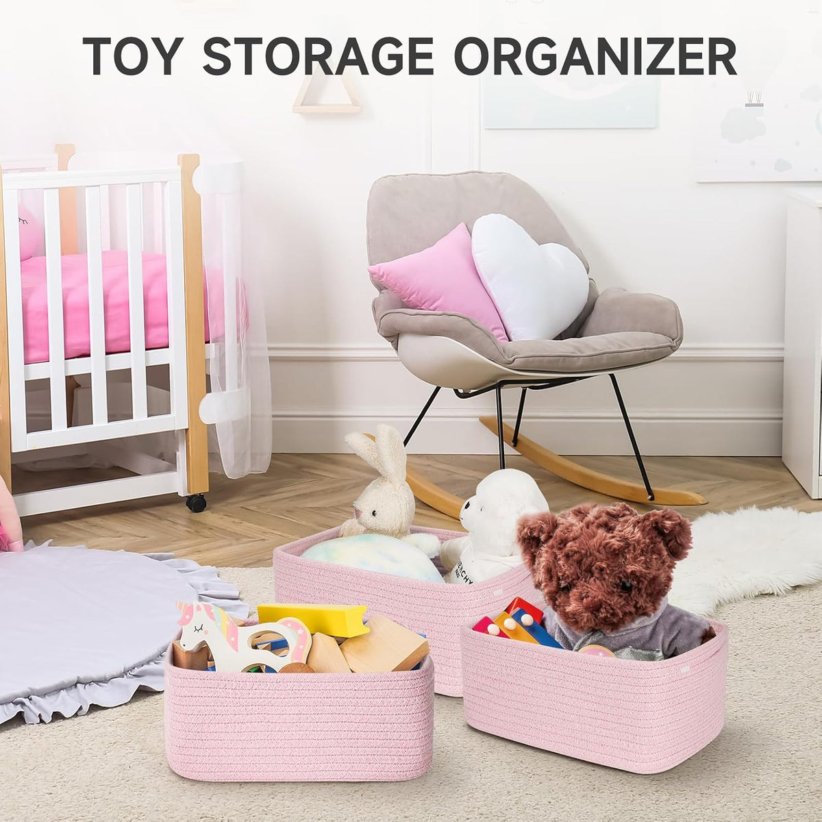 3 Pack Small Storage Baskets for Organizing, 11.8×7.8×5.1", Mixed Pink