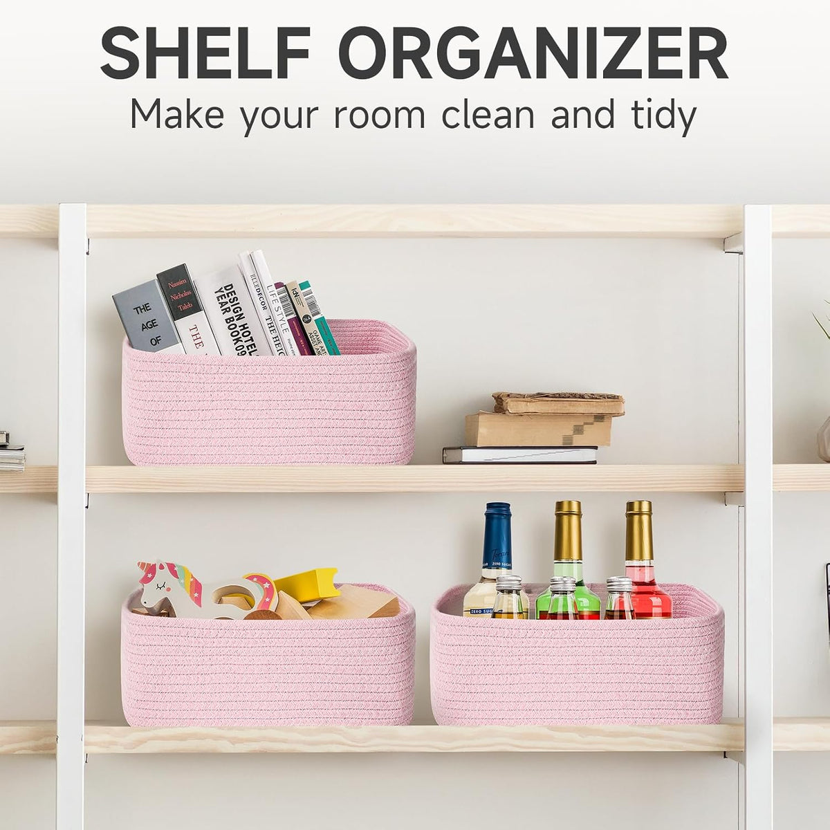 3 Pack Small Storage Baskets for Organizing, 11.8×7.8×5.1", Mixed Pink