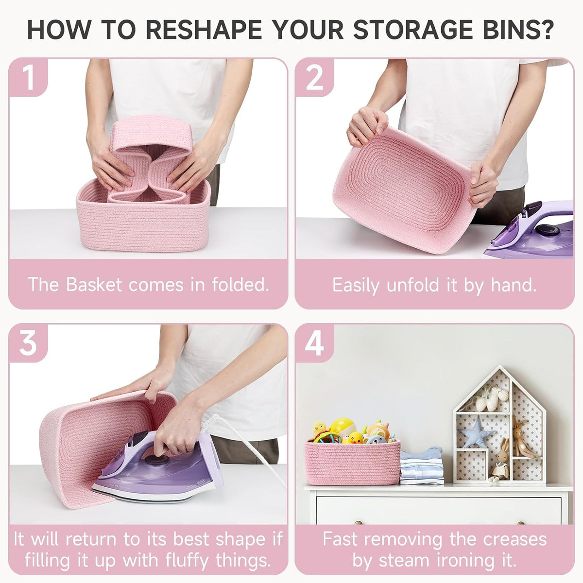 3 Pack Small Storage Baskets for Organizing, 11.8×7.8×5.1", Mixed Pink
