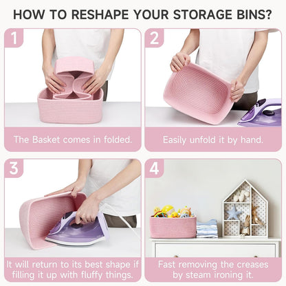 3 Pack Small Storage Baskets for Organizing, 11.8×7.8×5.1", Mixed Pink