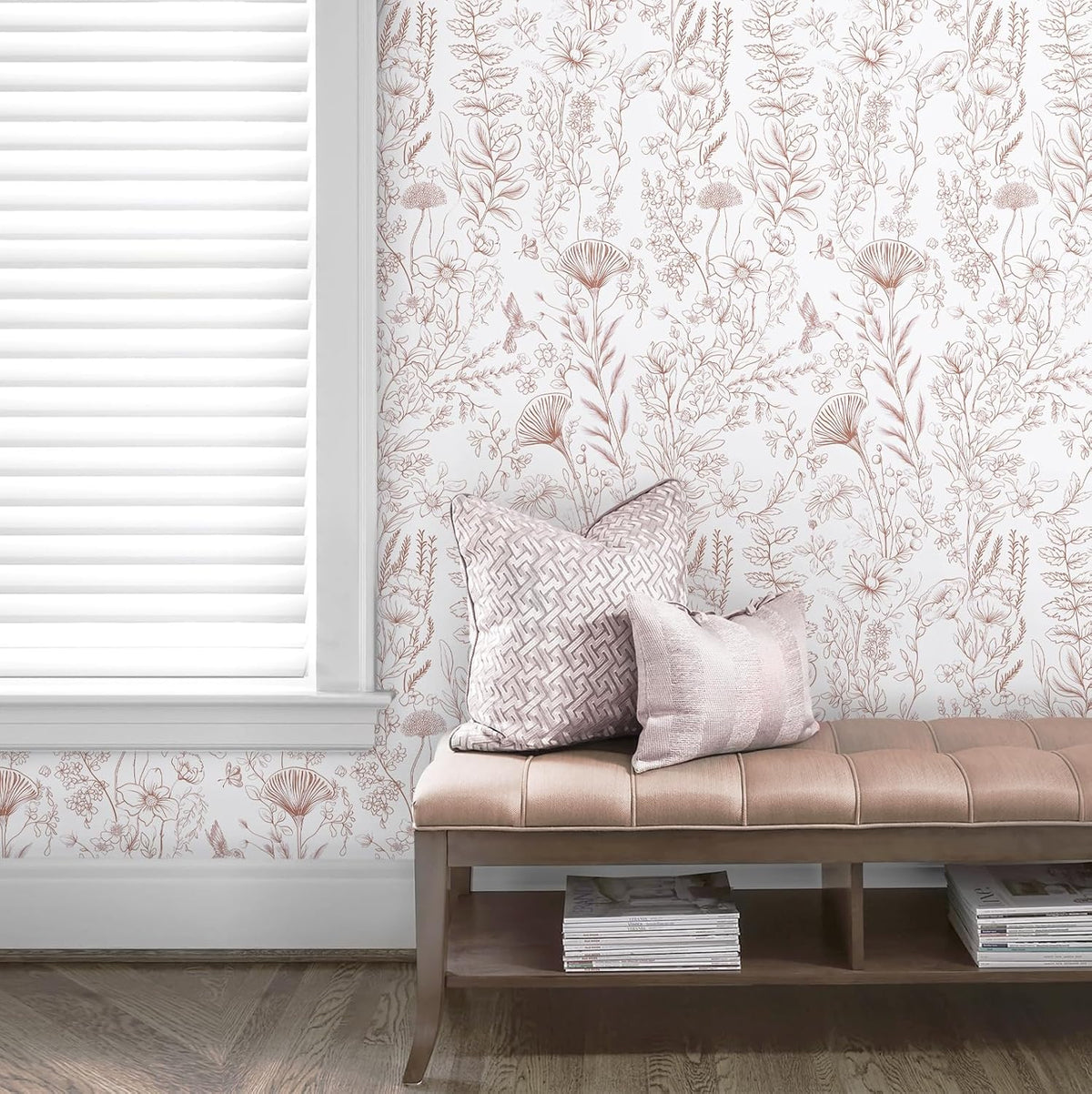 Pink Peel and Stick Wallpaper Floral Wall Paper Modern Boho Contact Paper for Bedroom Removable Self Adhesive Wallpaper for Bathroom Living Room Papel Tapiz para Pared 17.3"×78.7”