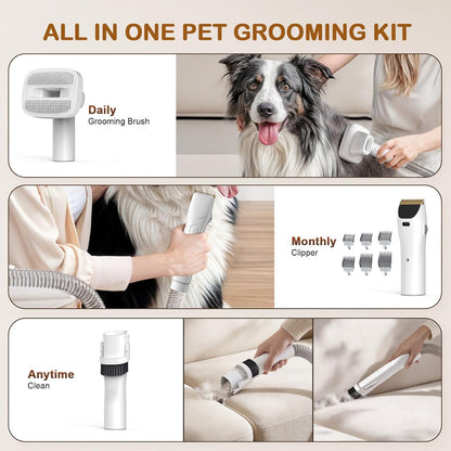 Dog Grooming Kit, 3 Suction Modes Dog Brush Vacuum with 6 Pet Grooming Tools (Eggshell)
