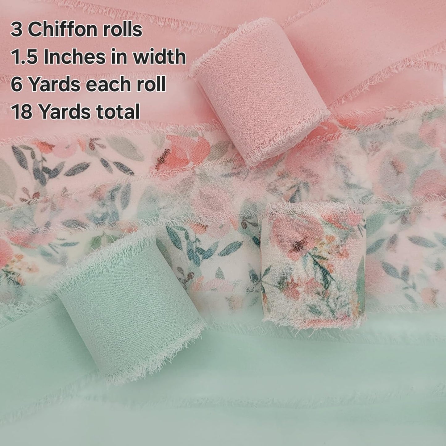 Fringe Chiffon Ribbon, 1.5" X 18 Yards, Use for Wedding Invitations, Flower Bouquets, Gift Wrapping, Crafts, DIYs, Floral Ribbon (Blush/Peach, Mint, Floral)