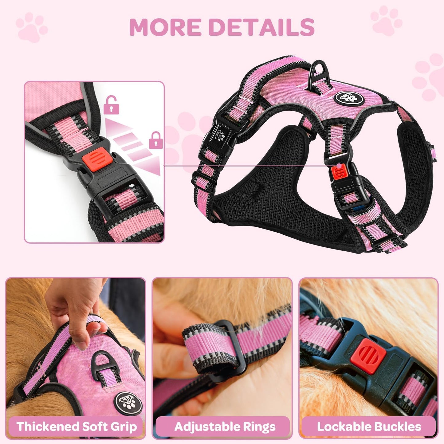 Plaid Dog Harness for Large Dogs, Reflective No Pull Adjustable Pet Vest with Front Clip, Leash, Easy Control Handle and Seat Belt, Pink, L