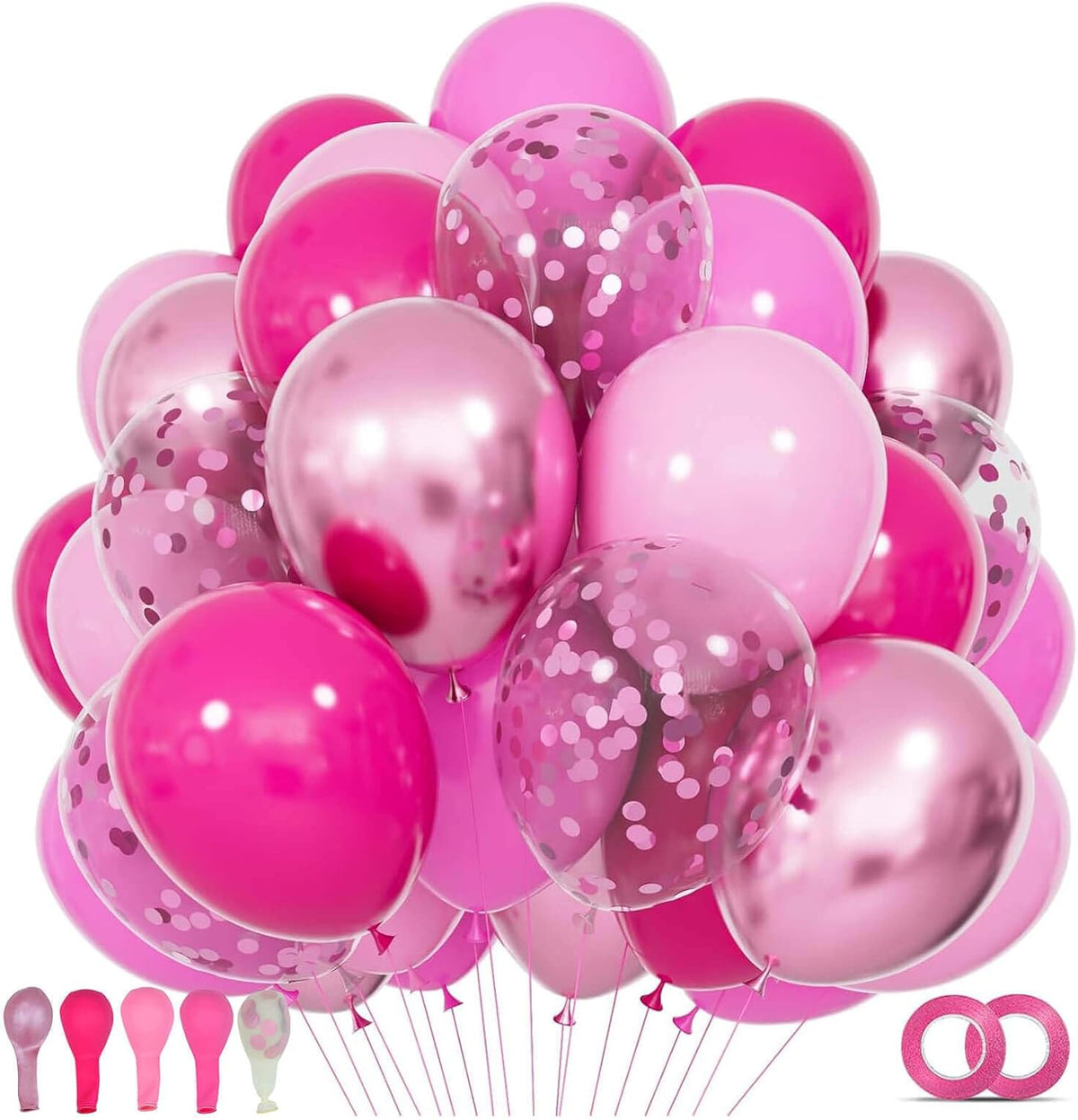 68Pcs Pink Balloons Kit 12 Inch Metallic Pink Balloon, Pink Confetti Balloon and Baby Pink Party Balloons with Ribbons for Birthday, Wedding, Baby Shower, Graduation Decorations.