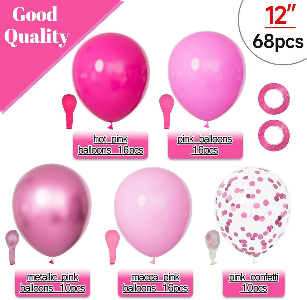 68Pcs Pink Balloons Kit 12 Inch Metallic Pink Balloon, Pink Confetti Balloon and Baby Pink Party Balloons with Ribbons for Birthday, Wedding, Baby Shower, Graduation Decorations.