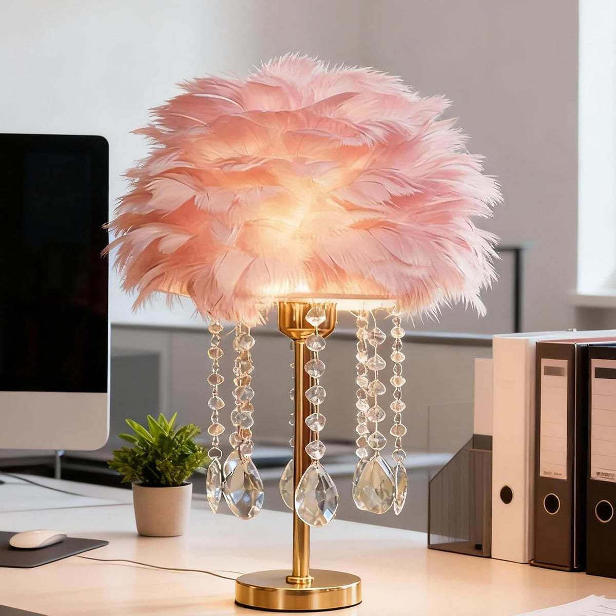 Pink Feather Lamp Cute Romantic Goose Feather Table Lamp Furry Nightstand Light with Gold Base and Crystal, Bedside Lamp for Girl Bedroom Wedding Living Room Hotel Decorative