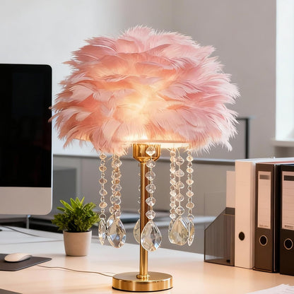 Pink Feather Lamp Cute Romantic Goose Feather Table Lamp Furry Nightstand Light with Gold Base and Crystal, Bedside Lamp for Girl Bedroom Wedding Living Room Hotel Decorative