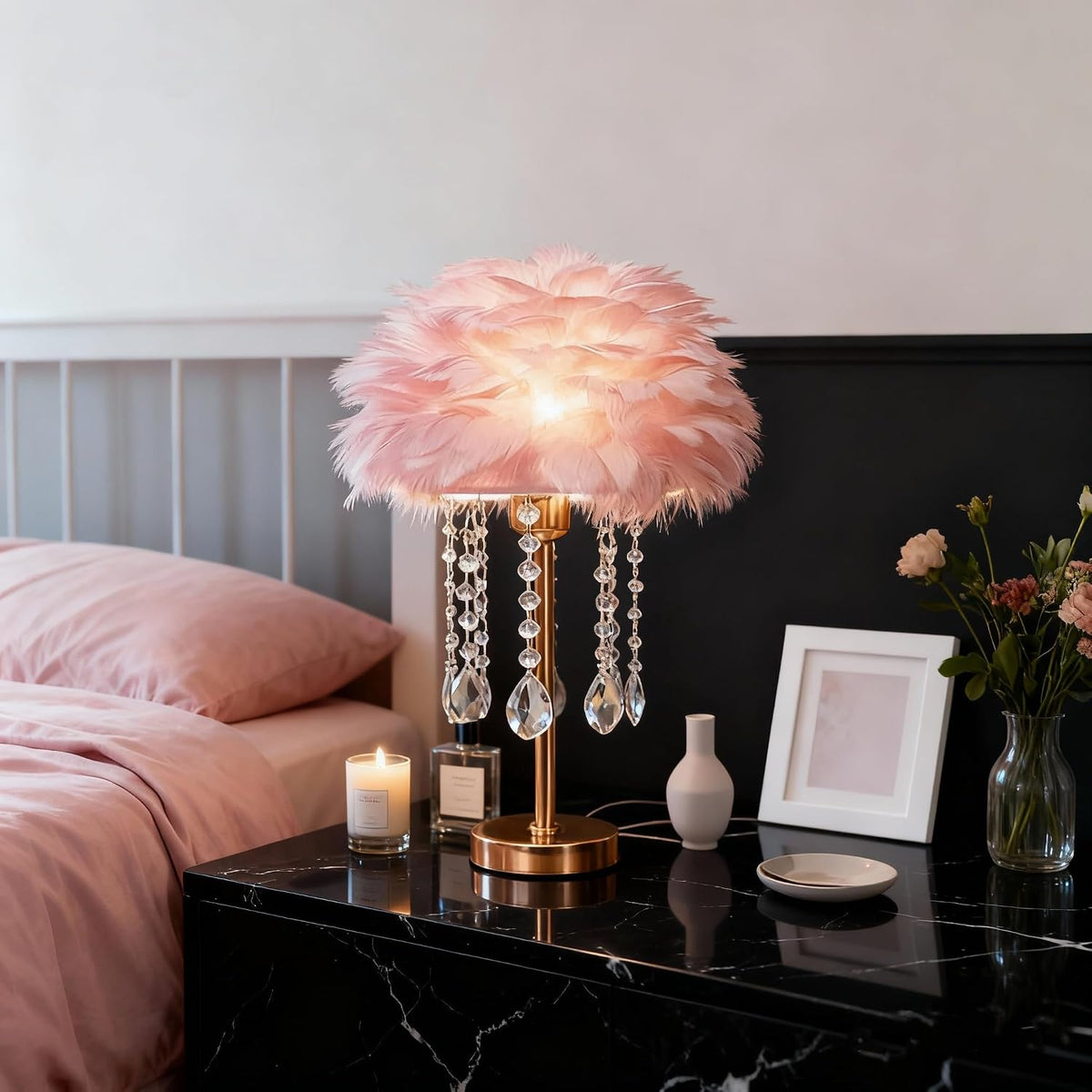 Pink Feather Lamp Cute Romantic Goose Feather Table Lamp Furry Nightstand Light with Gold Base and Crystal, Bedside Lamp for Girl Bedroom Wedding Living Room Hotel Decorative