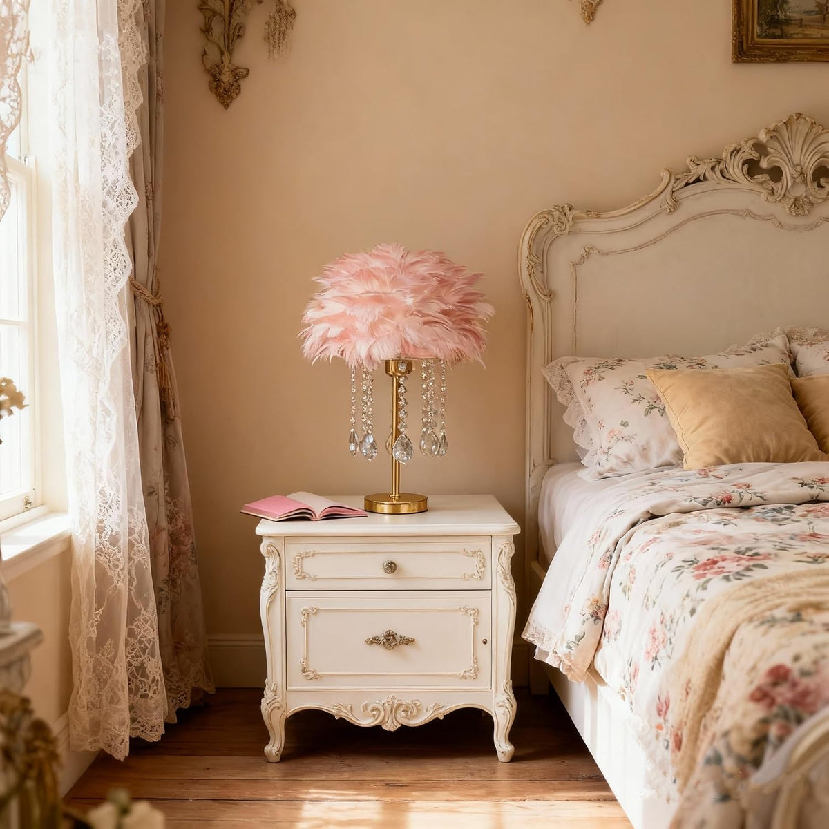 Pink Feather Lamp Cute Romantic Goose Feather Table Lamp Furry Nightstand Light with Gold Base and Crystal, Bedside Lamp for Girl Bedroom Wedding Living Room Hotel Decorative