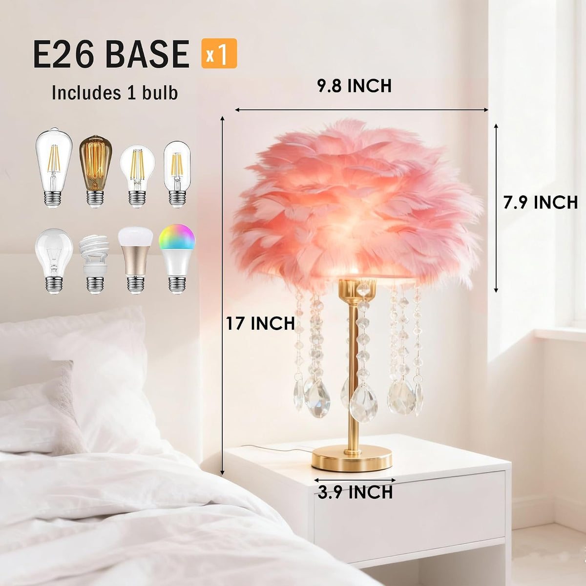 Pink Feather Lamp Cute Romantic Goose Feather Table Lamp Furry Nightstand Light with Gold Base and Crystal, Bedside Lamp for Girl Bedroom Wedding Living Room Hotel Decorative