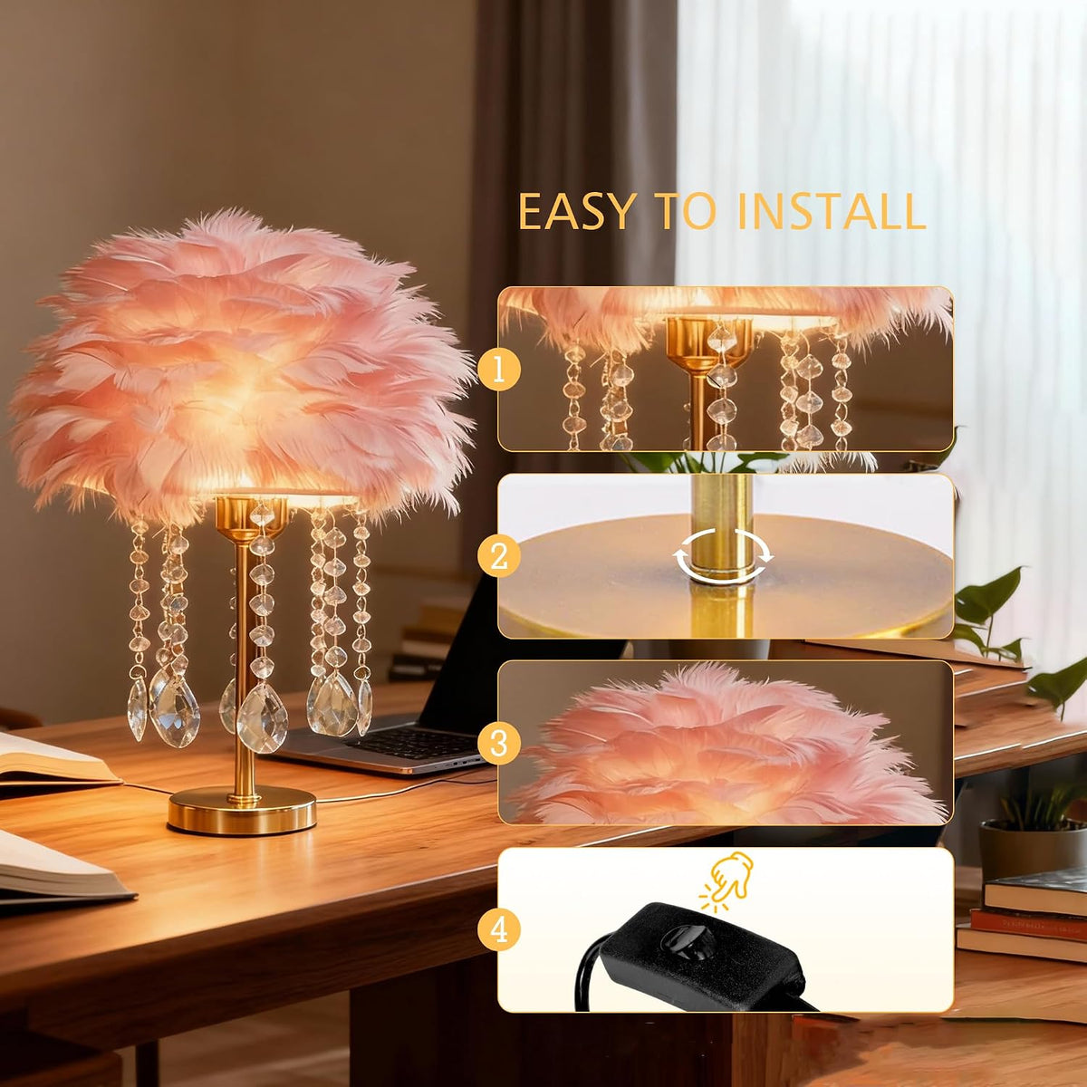 Pink Feather Lamp Cute Romantic Goose Feather Table Lamp Furry Nightstand Light with Gold Base and Crystal, Bedside Lamp for Girl Bedroom Wedding Living Room Hotel Decorative