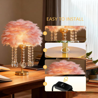 Pink Feather Lamp Cute Romantic Goose Feather Table Lamp Furry Nightstand Light with Gold Base and Crystal, Bedside Lamp for Girl Bedroom Wedding Living Room Hotel Decorative