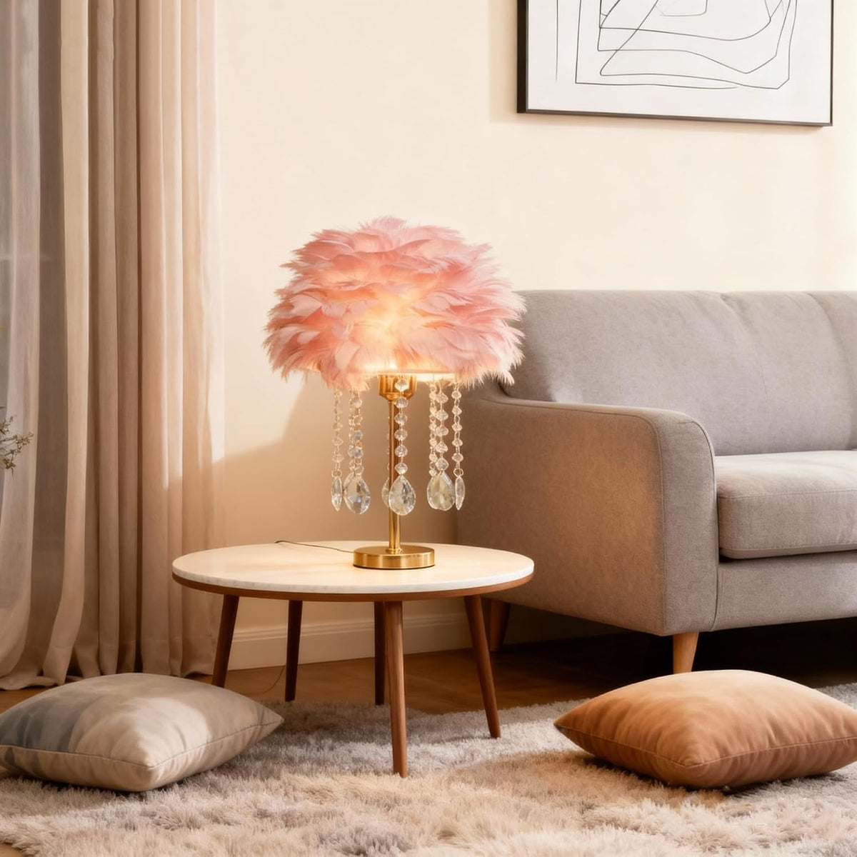 Pink Feather Lamp Cute Romantic Goose Feather Table Lamp Furry Nightstand Light with Gold Base and Crystal, Bedside Lamp for Girl Bedroom Wedding Living Room Hotel Decorative