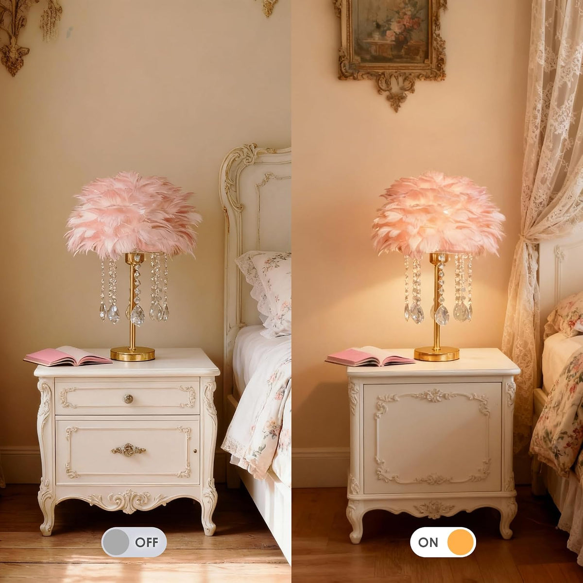 Pink Feather Lamp Cute Romantic Goose Feather Table Lamp Furry Nightstand Light with Gold Base and Crystal, Bedside Lamp for Girl Bedroom Wedding Living Room Hotel Decorative