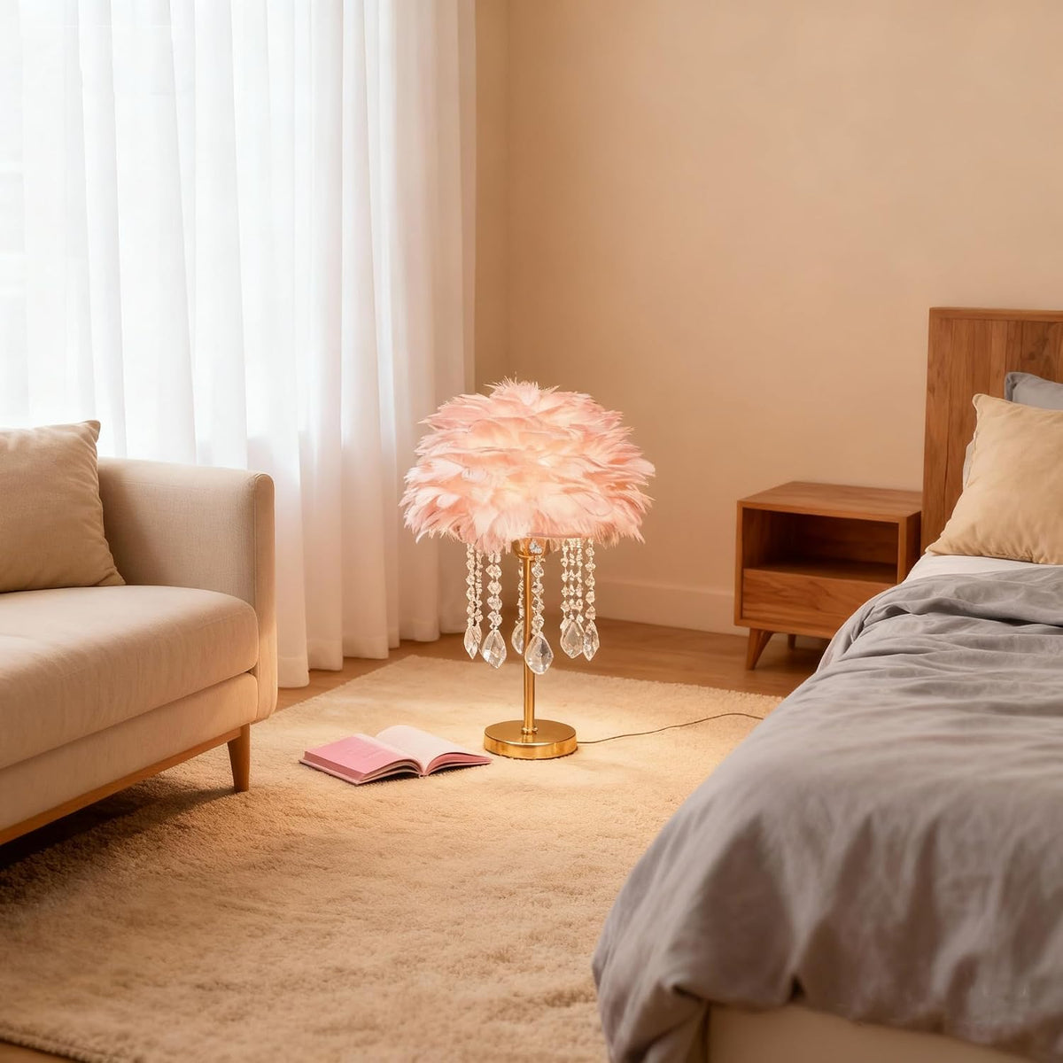 Pink Feather Lamp Cute Romantic Goose Feather Table Lamp Furry Nightstand Light with Gold Base and Crystal, Bedside Lamp for Girl Bedroom Wedding Living Room Hotel Decorative