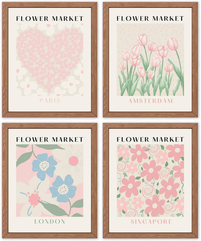 Flower Market Print Wall Art - Pink Tulip Floral Abstract Matisse Decor, Aesthetic Pastel Prints Posters for Room Decor, 8x10 in Unframed