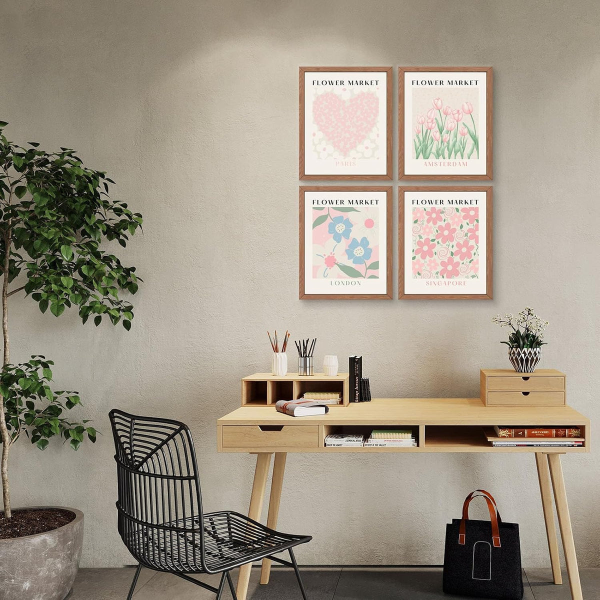 Flower Market Print Wall Art - Pink Tulip Floral Abstract Matisse Decor, Aesthetic Pastel Prints Posters for Room Decor, 8x10 in Unframed