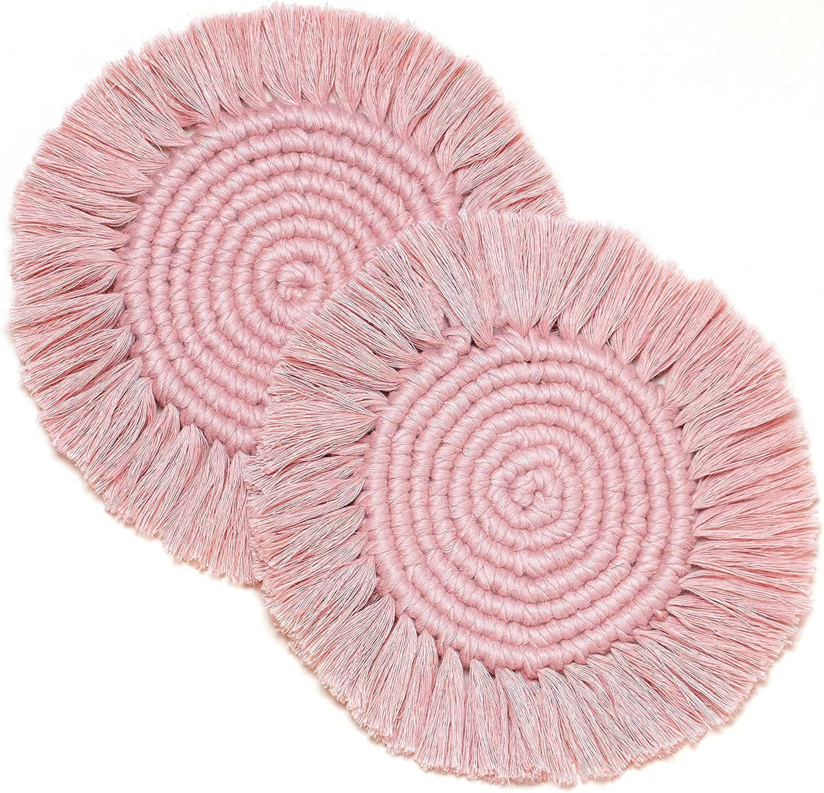 MIKEBE 2 PCS Coasters for Drinks, Boho Coasters,Macrame Coasters with Tassels,Table Decor Bohemian Braided Coasters,Coaster Set for Home,Office and Bar,Housewarming Gift-Pink, 7.4IN