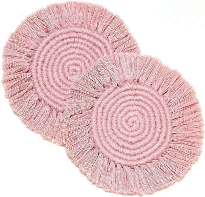 MIKEBE 2 PCS Coasters for Drinks, Boho Coasters,Macrame Coasters with Tassels,Table Decor Bohemian Braided Coasters,Coaster Set for Home,Office and Bar,Housewarming Gift-Pink, 7.4IN