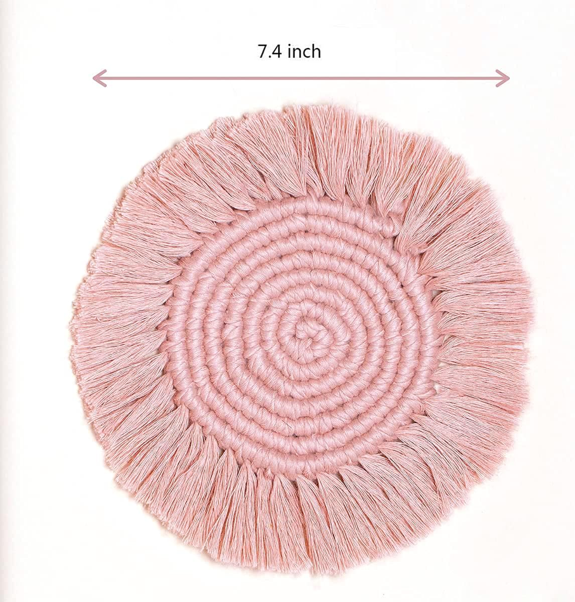 MIKEBE 2 PCS Coasters for Drinks, Boho Coasters,Macrame Coasters with Tassels,Table Decor Bohemian Braided Coasters,Coaster Set for Home,Office and Bar,Housewarming Gift-Pink, 7.4IN