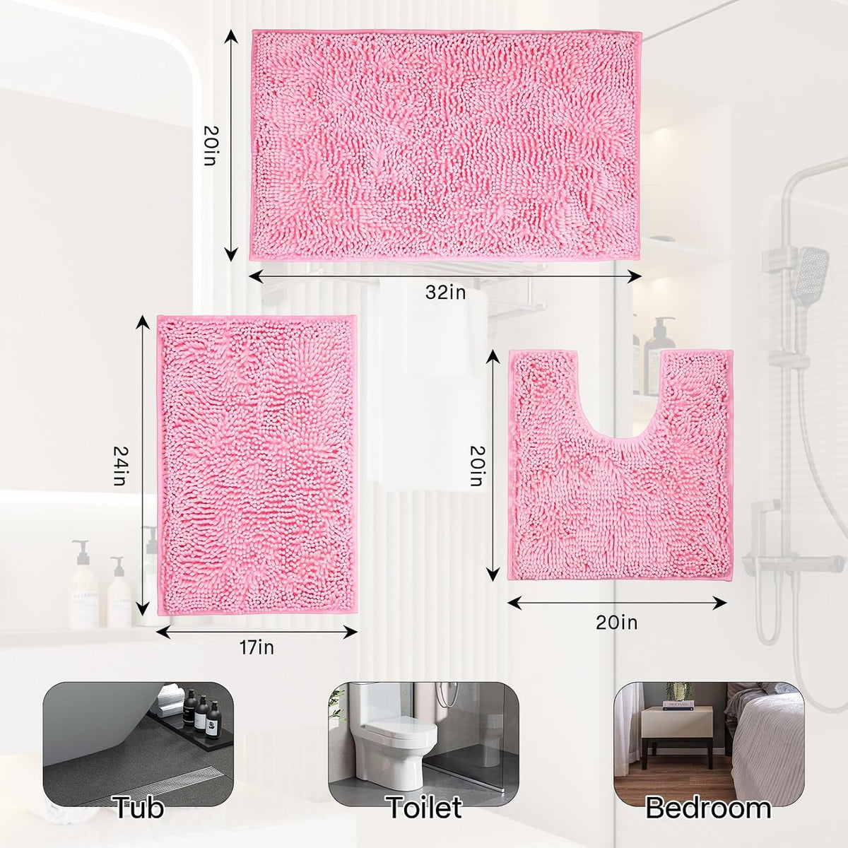 ZiYiJuan Bathroom Rugs, Super Absorbent Luxury Shaggy Chenille Bath Mats, Pink 20x20_17x24_20x32