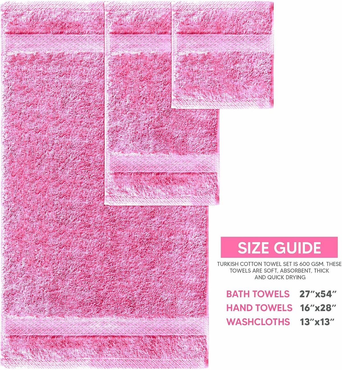 6 Piece Towel Sets, 100% Cotton Turkish Towels for Bathroom, 2 Bath Towel, 2 Hand Towel, and 2 Wash Cloth - Pink Towel Set
