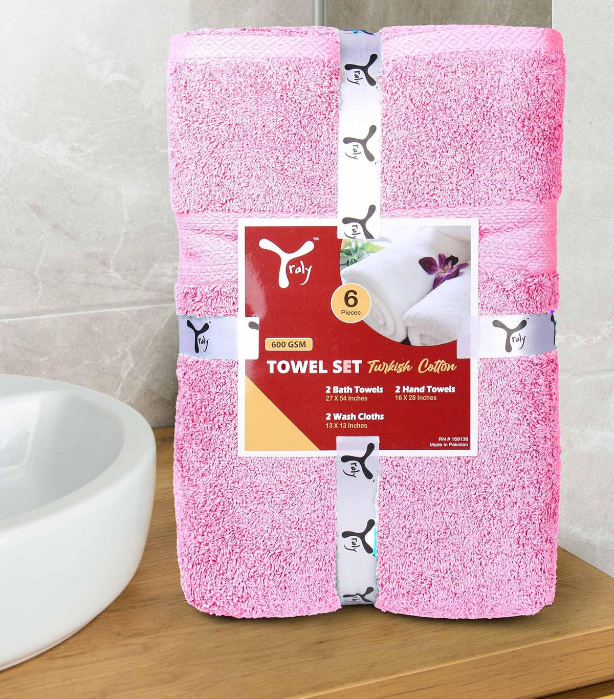6 Piece Towel Sets, 100% Cotton Turkish Towels for Bathroom, 2 Bath Towel, 2 Hand Towel, and 2 Wash Cloth - Pink Towel Set